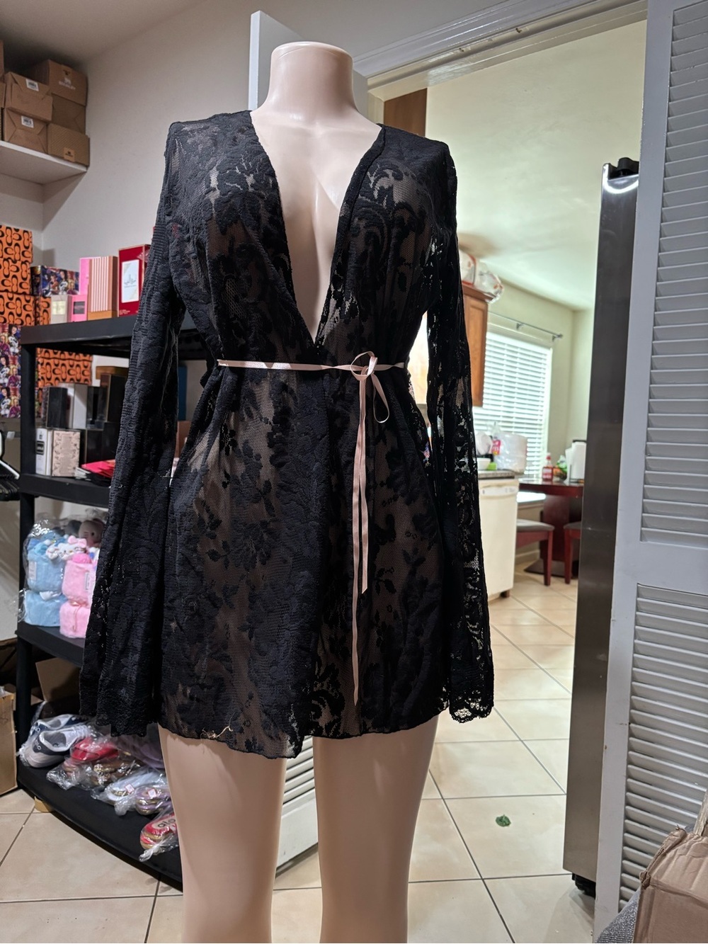 Victoria's Secret Black Sheer Lace Robe with Pink Satin Tie